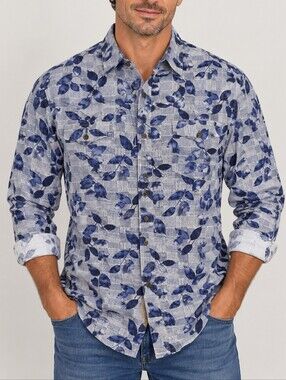 OCEAN & COAST Blue Glen Plaid Leaf Print Button-Up Shirt – Large